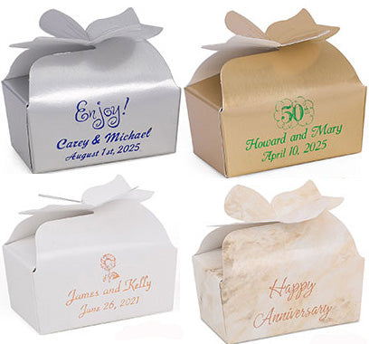 2 Piece Truffle Favor Bow Box with Custom Print - 50 piece minimum. Qty: 50+ $8.75 each / Qty: 150+ $8.00 each / Qty 200+ $7.65 each requires 25 piece increments. Priced per each box ***3 week lead time for imprinting. From $437.50 - 50 finished boxes